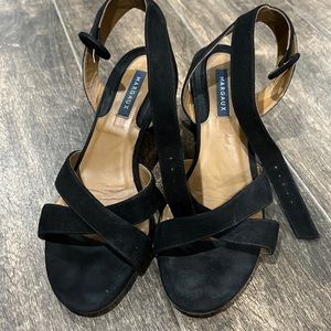 Margaux NY’s The City Sandal in black suede, size 39 (8.5) with 2.5 inch heel.
